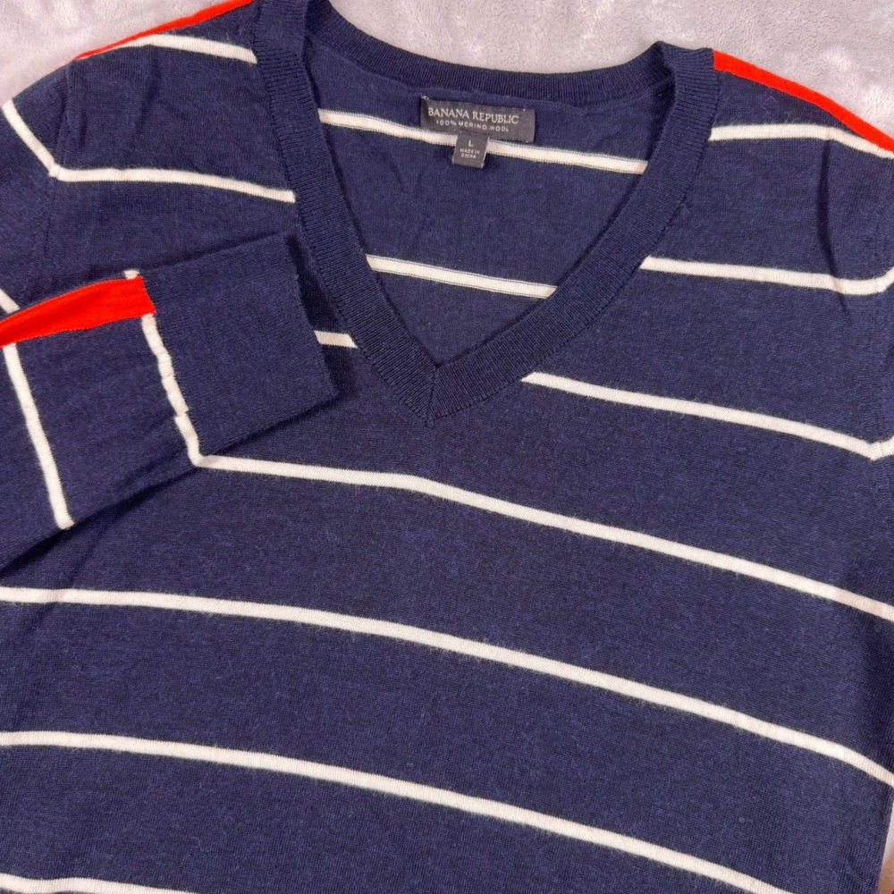 Banana Republic Merino Wool V-Neck Sweater Navy White Stripe Red Accent L